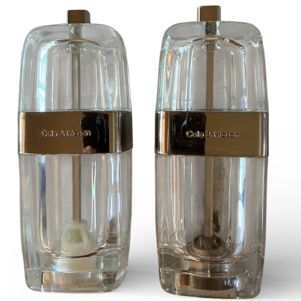 COLE & MASON Lucite Salt & Pepper Mill Grinder Set Acrylic Mid Century Modern